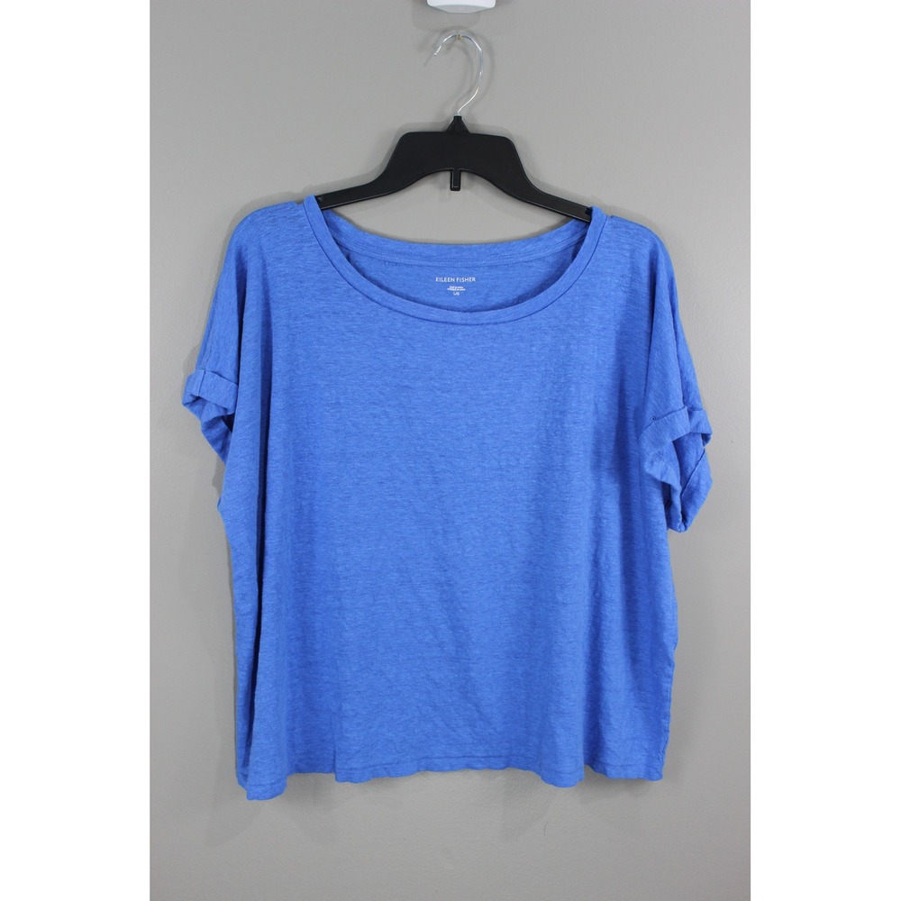 Eileen Fisher Top Womens Large Blue Great Organic Linen Short Sleeve Boxy Scoop